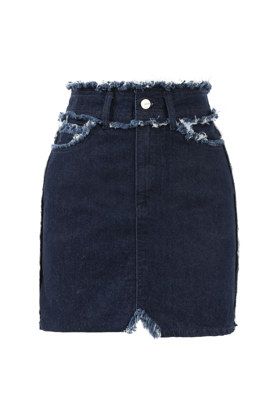 Yıpratmalı Lacivert Denim Mini Etek