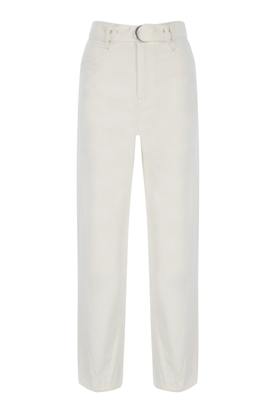 Yüksek Bel Paça Detaylı Beyaz Denim Pantolon