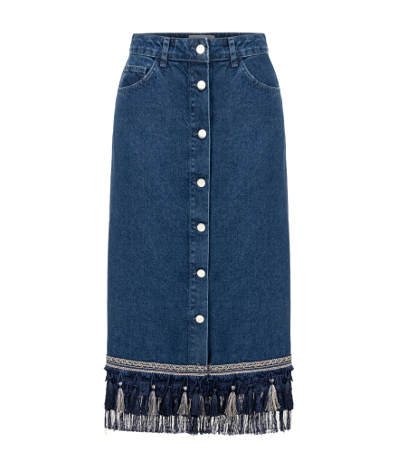 Püskül Detaylı Denim Midi Etek