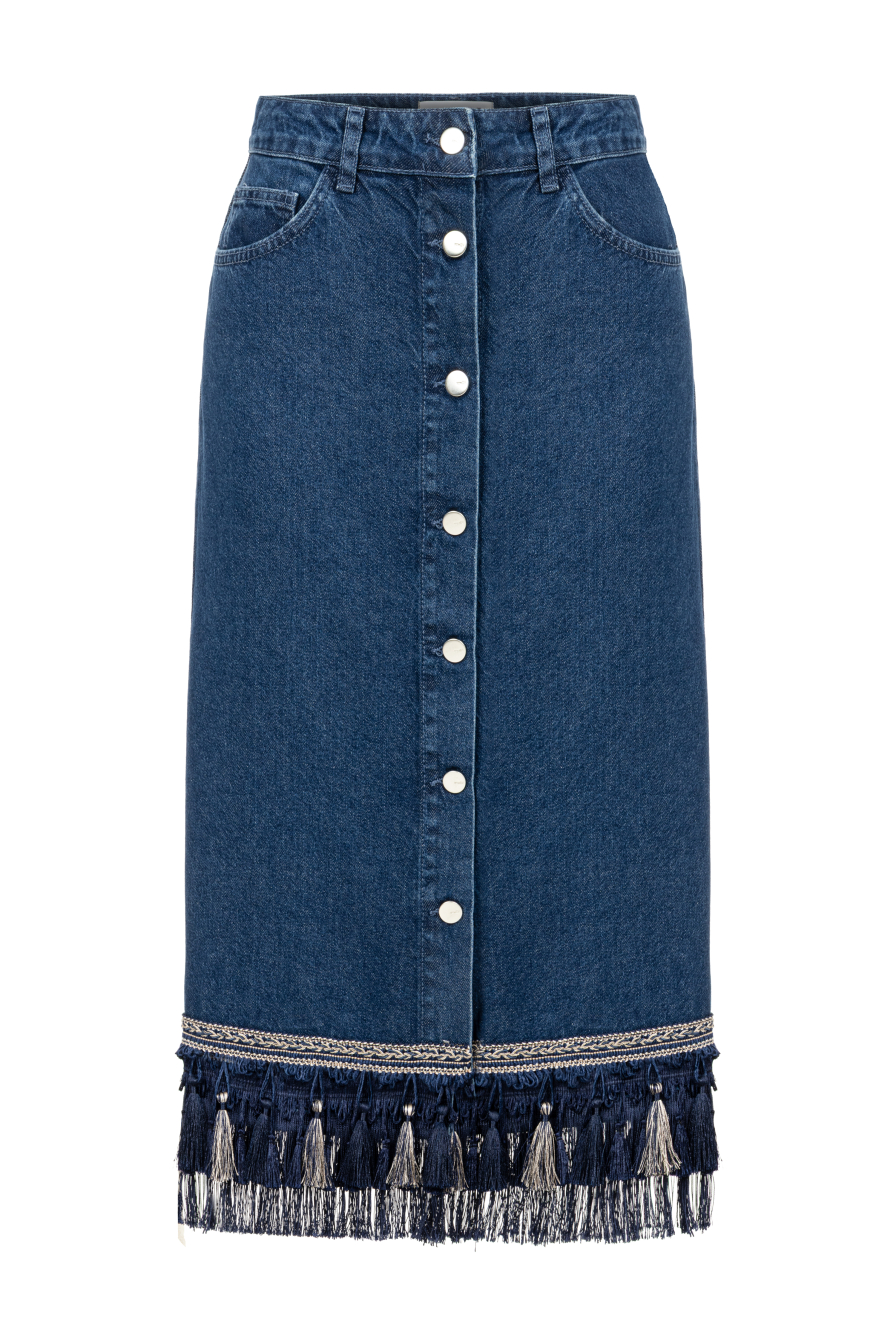 Püskül Detaylı Denim Midi Etek
