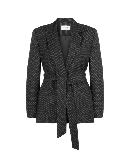 Gri Çizgili Kemerli Blazer Ceket