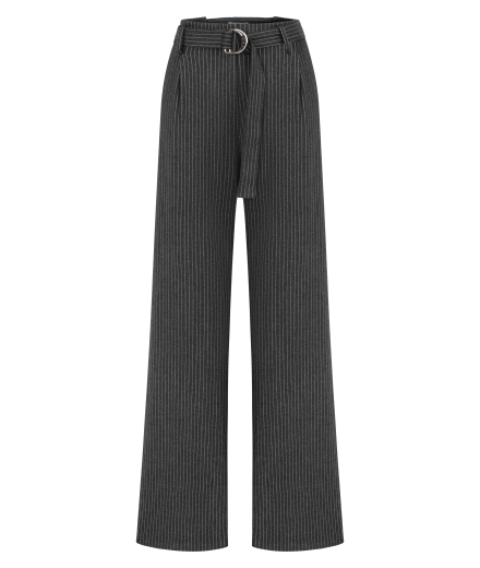 Gri Çizgili Kemerli Pantolon