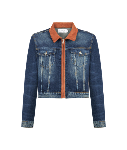 Şeritli Taşlanmış Lacivert Denim Ceket