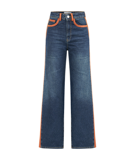 Şeritli Taşlanmış Lacivert Denim Pantolon