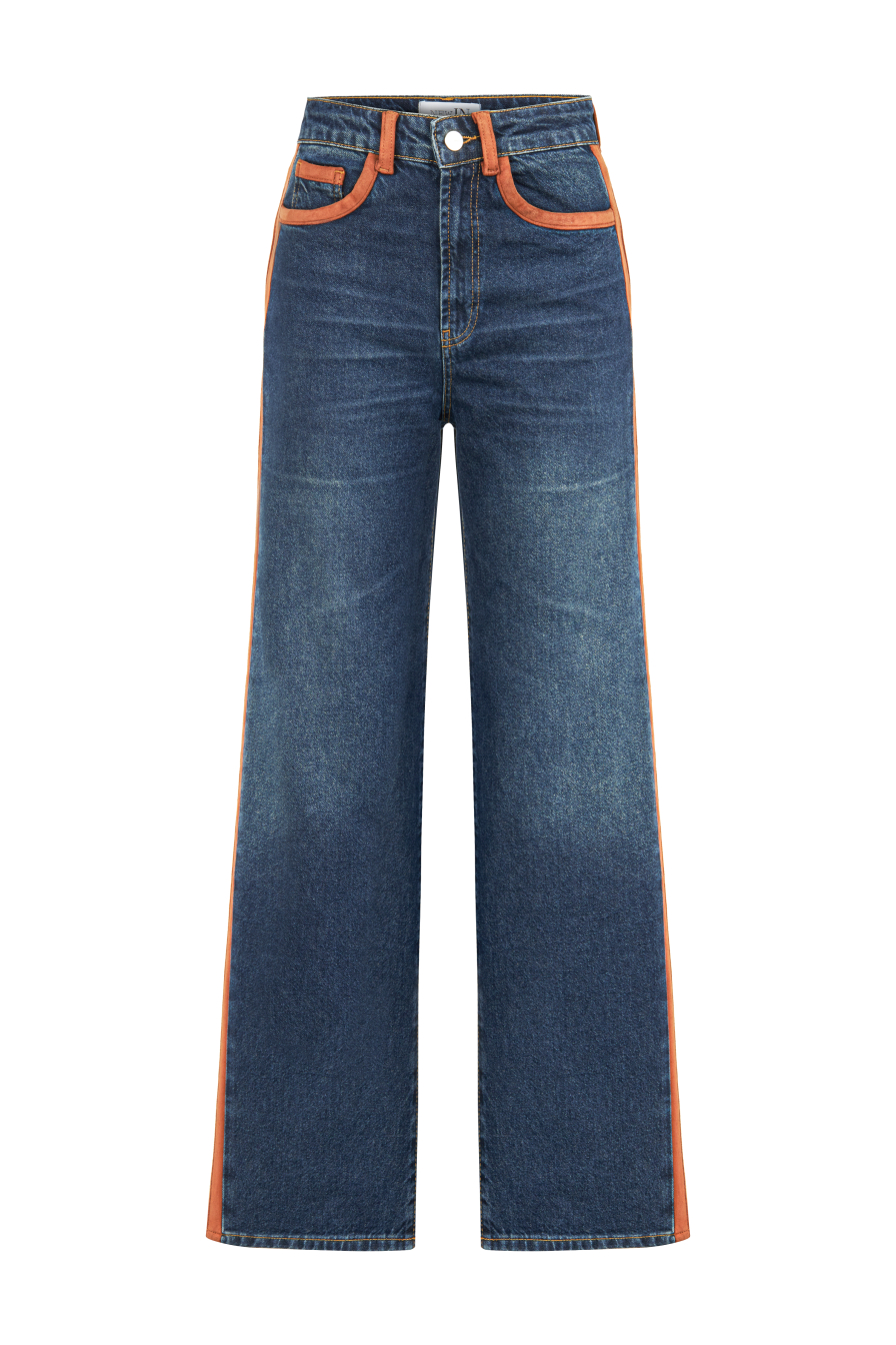 Şeritli Taşlanmış Lacivert Denim Pantolon