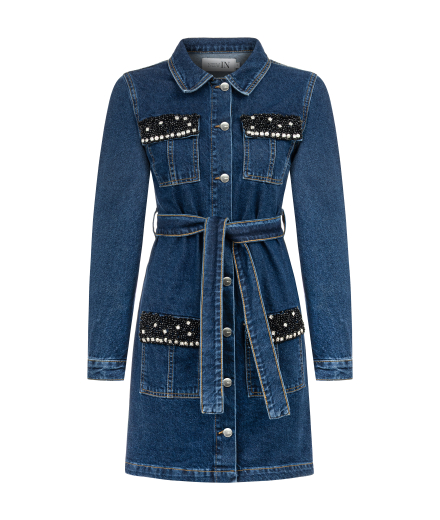 Cepleri Taş İşlemeli Denim Elbise