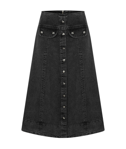 Taş Düğmeli Antrasit Denim Midi Etek
