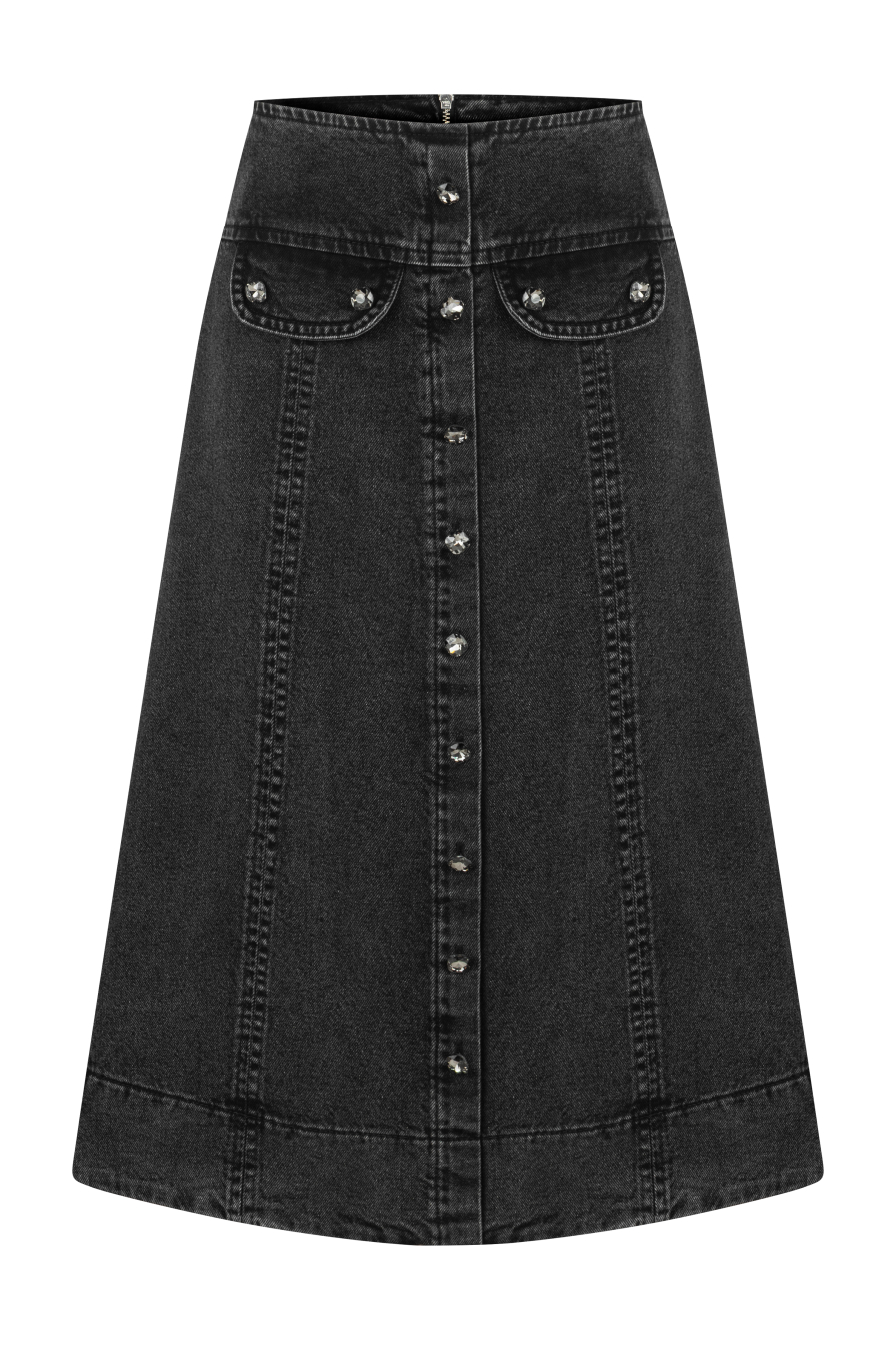 Taş Düğmeli Antrasit Denim Midi Etek