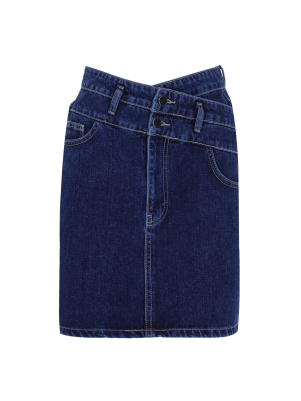 Bel Detaylı Lacivert Denim Etek