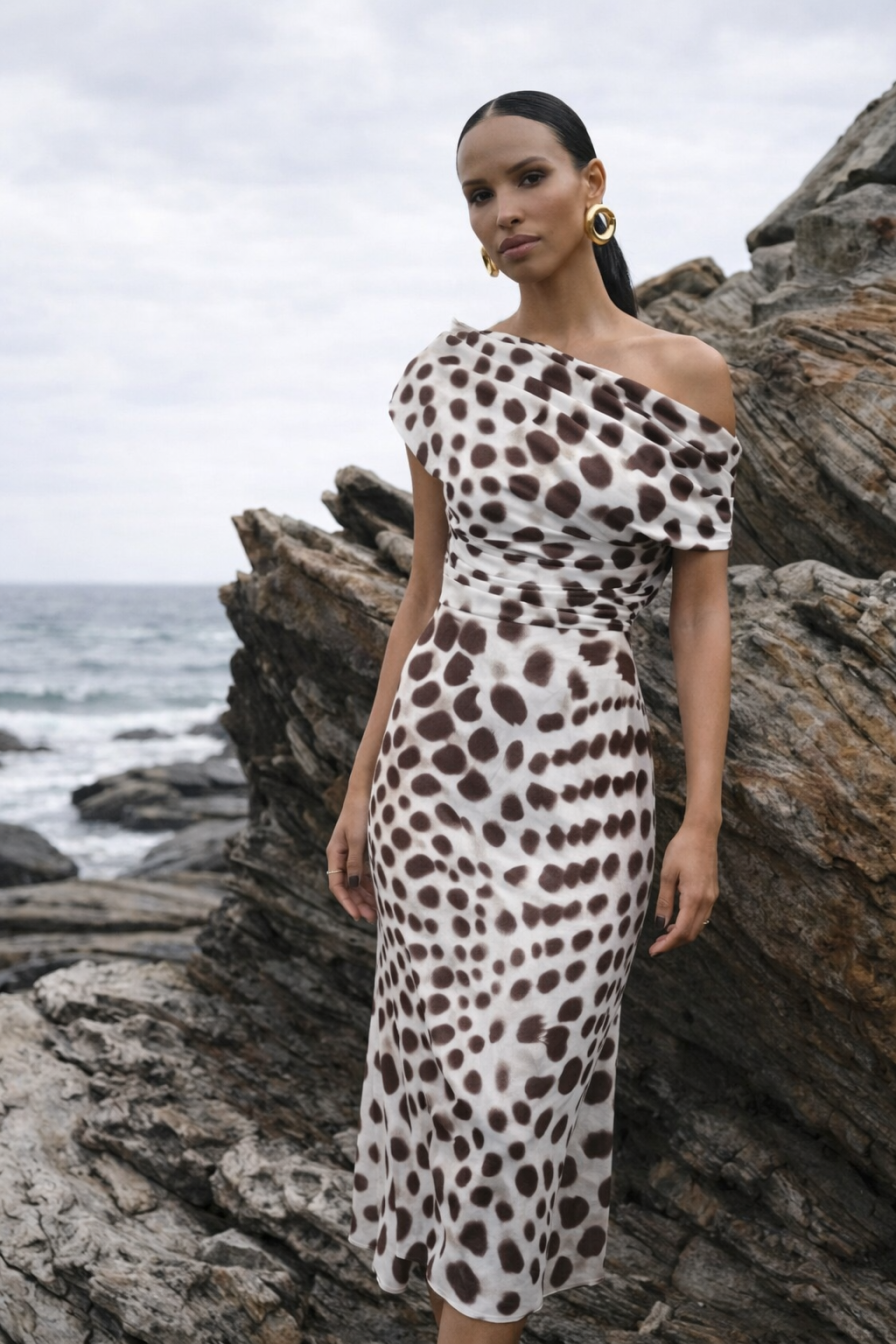 Düşük Omuzlu Kahverengi Leopar Desenli Midi Elbise