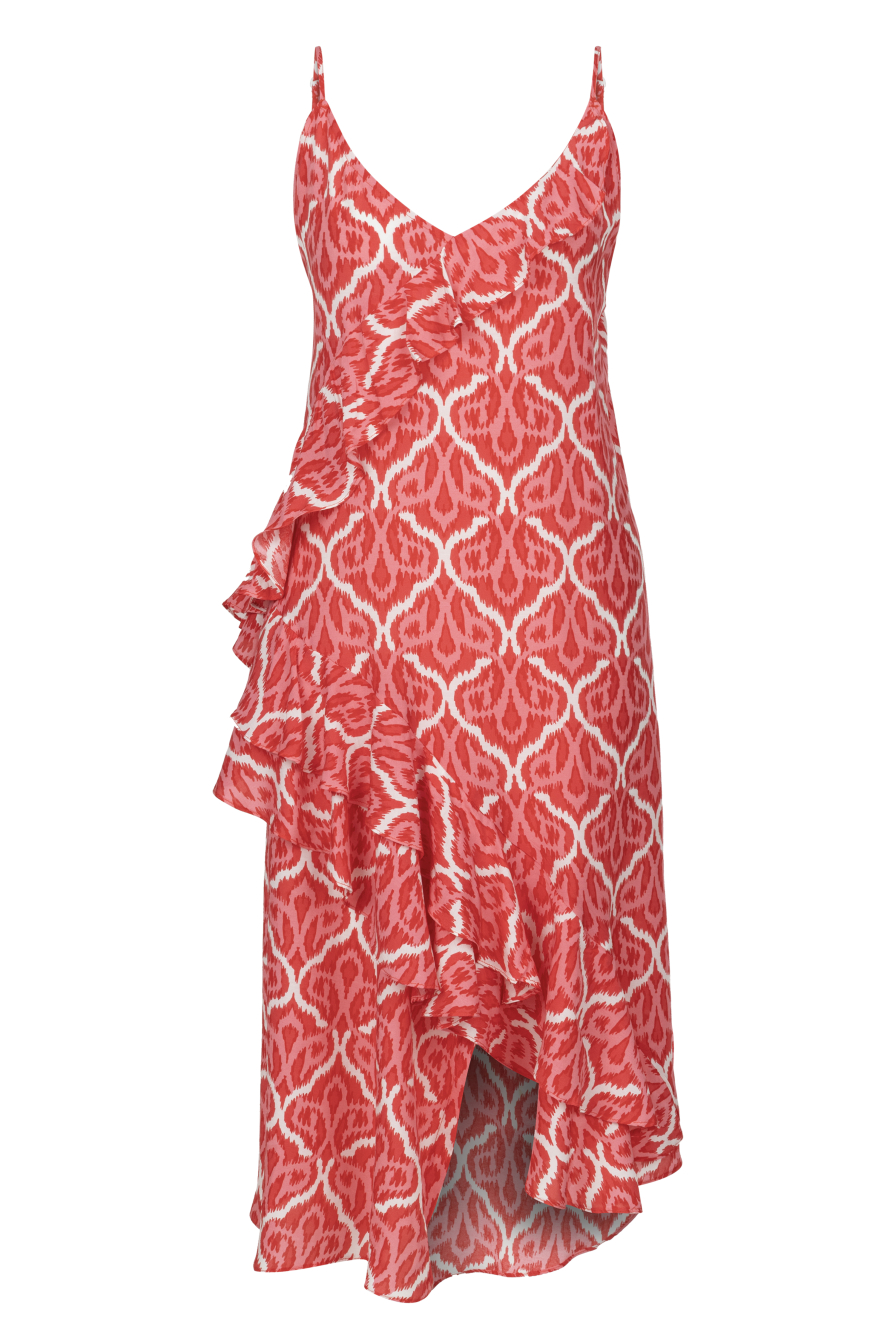 Pembe Desenli Fırfırlı Midi Elbise