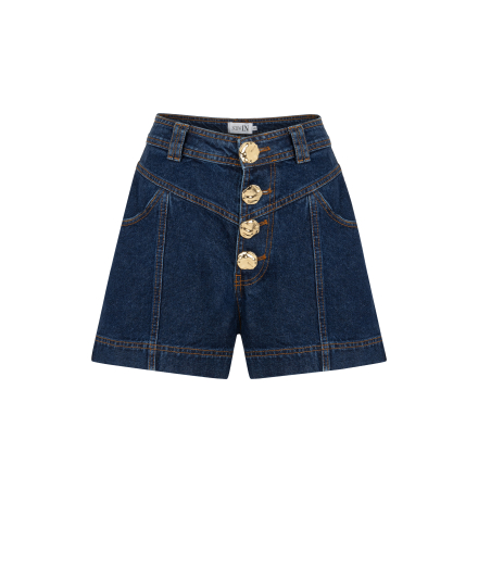 Gold Düğmeli Lacivert Denim Şort