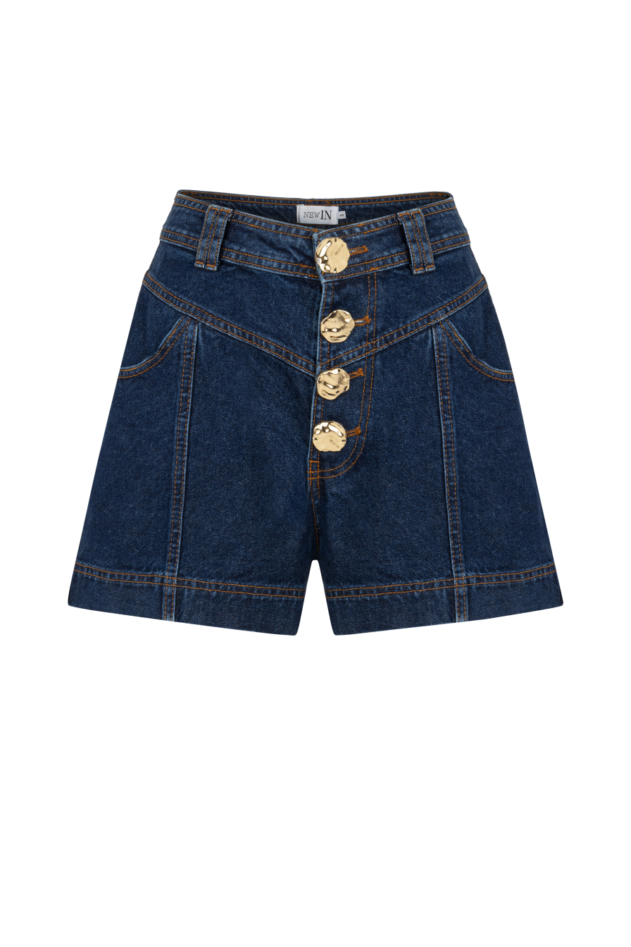 Gold Düğmeli Lacivert Denim Şort