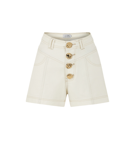Gold Düğmeli Beyaz Denim Şort