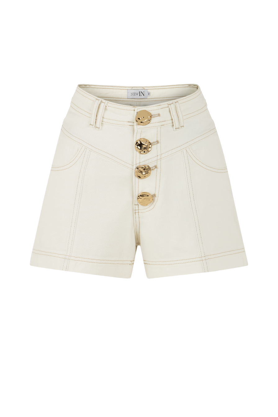 Gold Düğmeli Beyaz Denim Şort