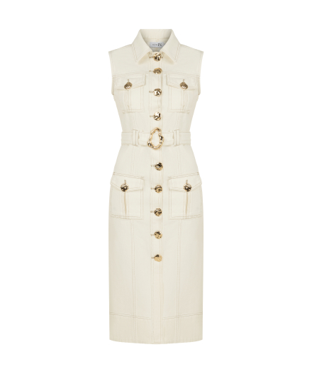 Gold Düğmeli Beyaz Denim Midi Elbise