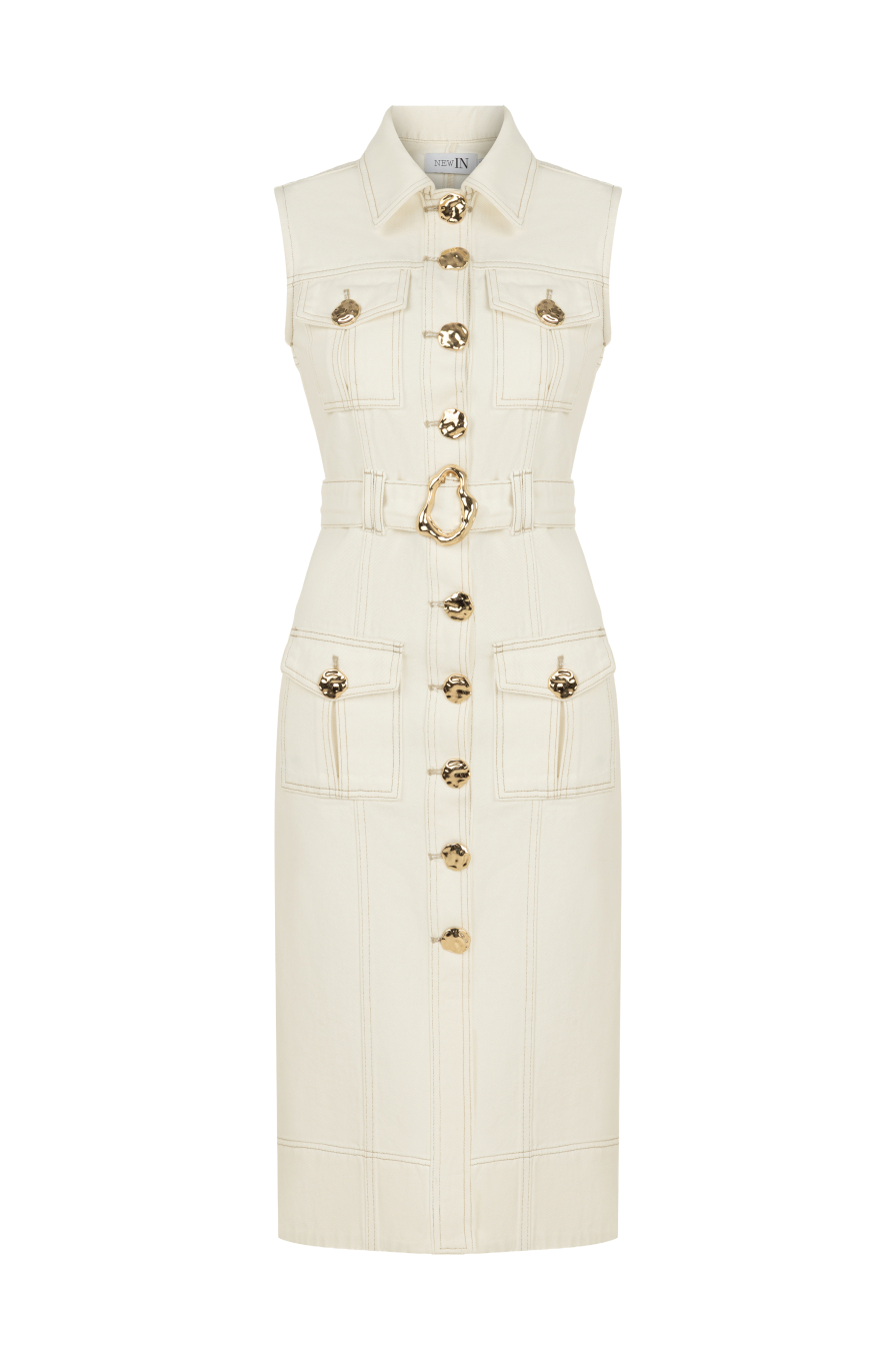 Gold Düğmeli Beyaz Denim Midi Elbise