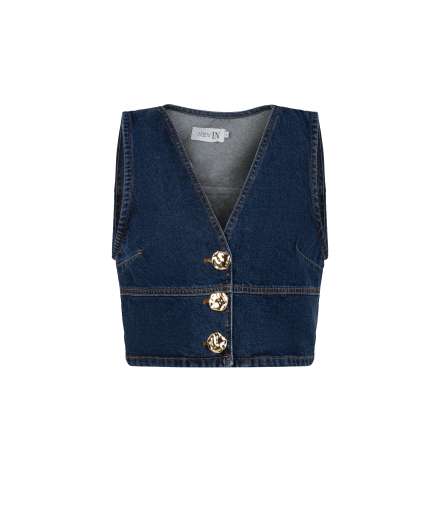 Gold Düğmeli Lacivert Denim Yelek