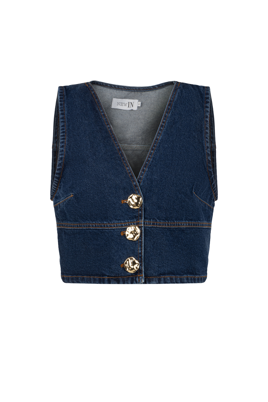 Gold Düğmeli Lacivert Denim Yelek