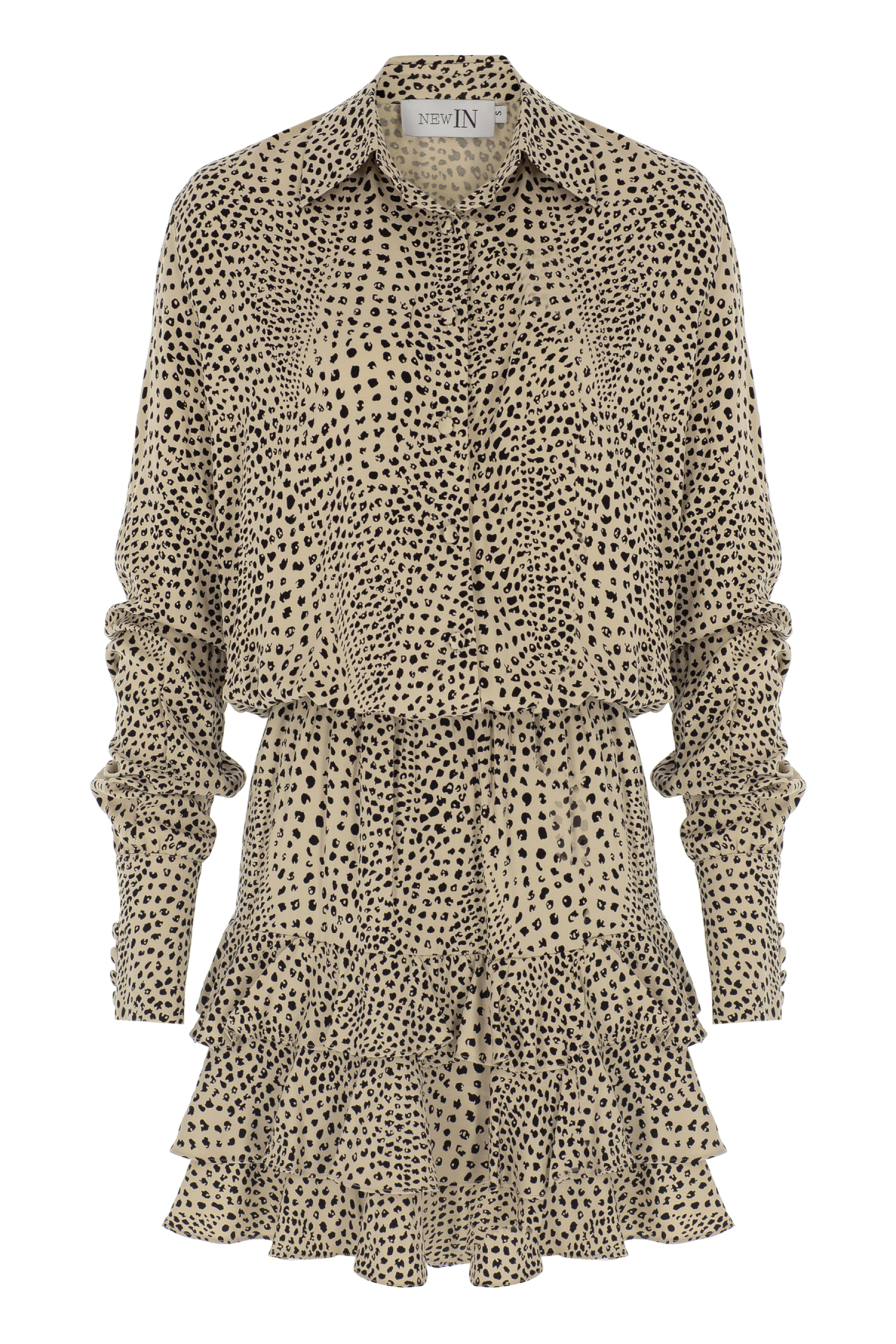 Kat Kat Fırfırlı Beyaz Desenli Gömlek Elbise