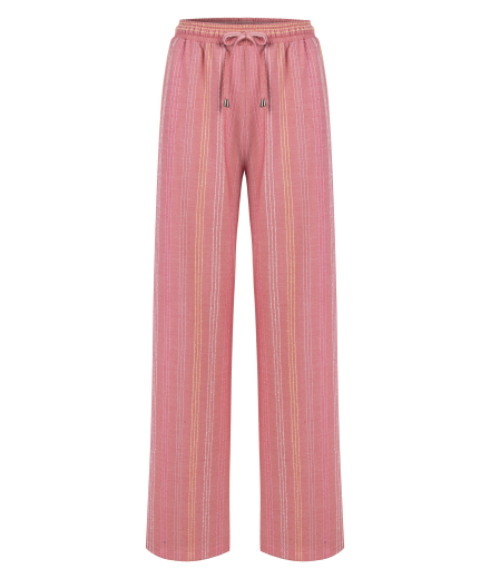 Pembe Beli Büzgülü Çizgili Pantolon