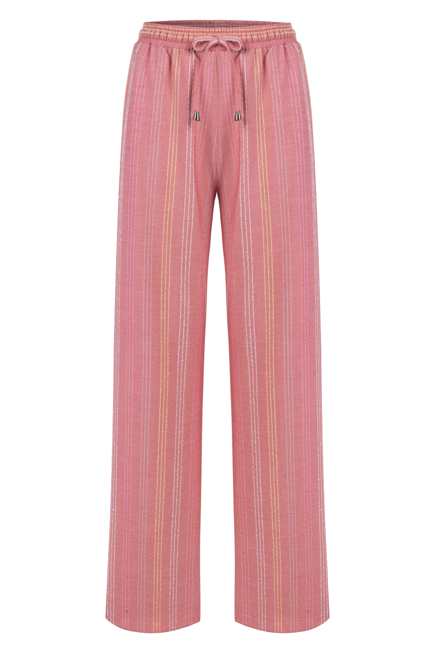Pembe Beli Büzgülü Çizgili Pantolon