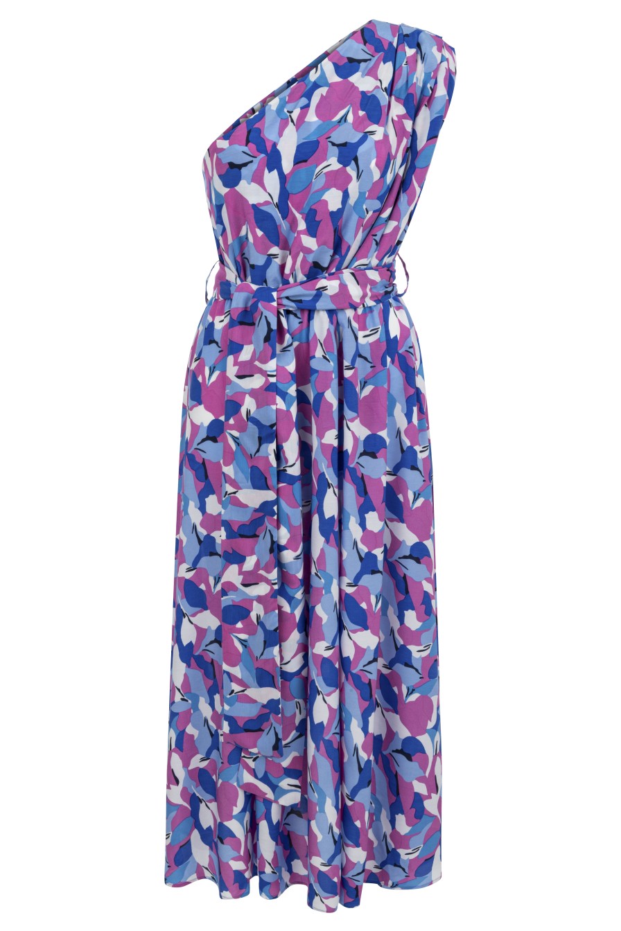 Tek Omuz Önden Yırtmaçlı Pembe Desenli Uzun Elbise