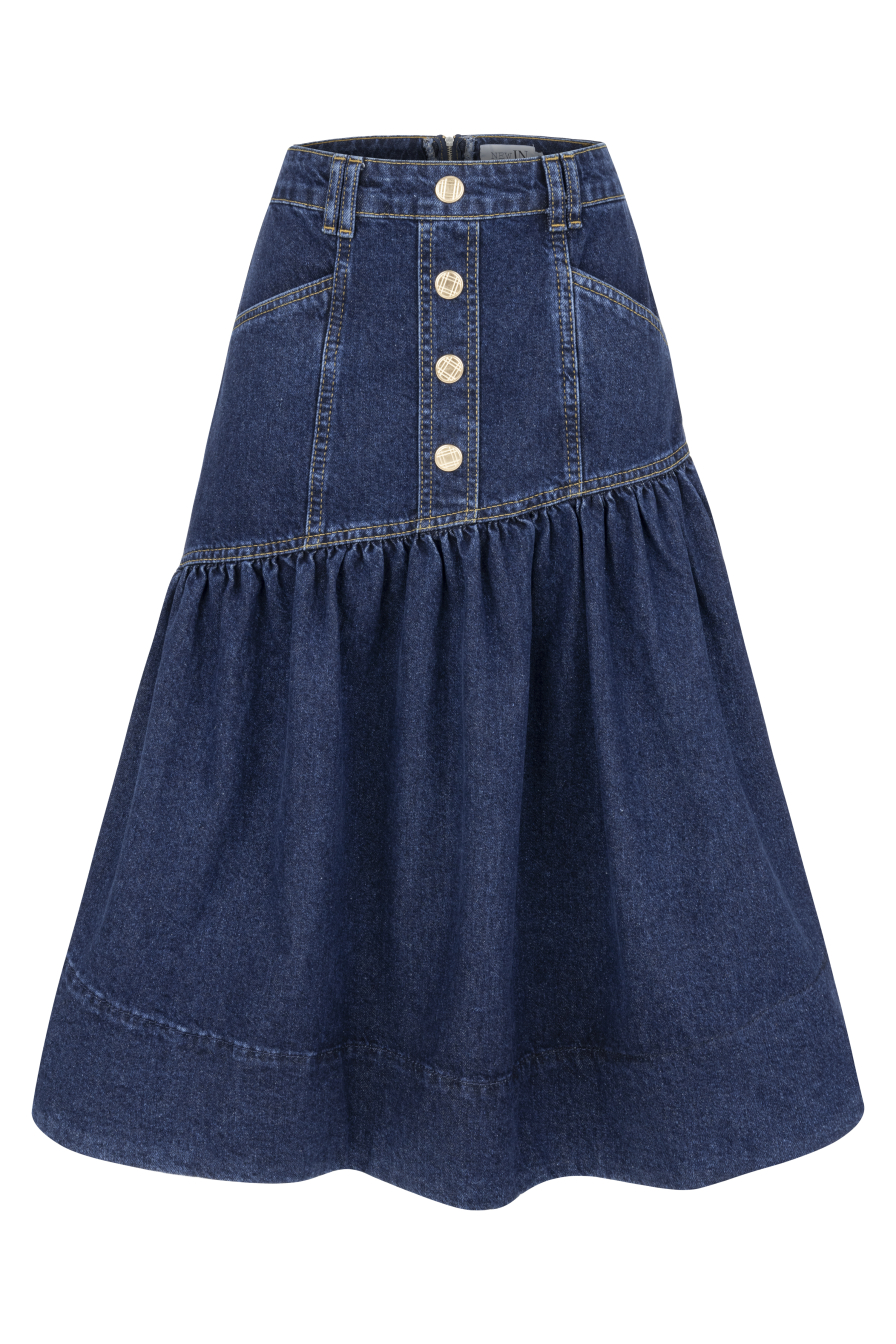 Lacivert Denim Midi Etek