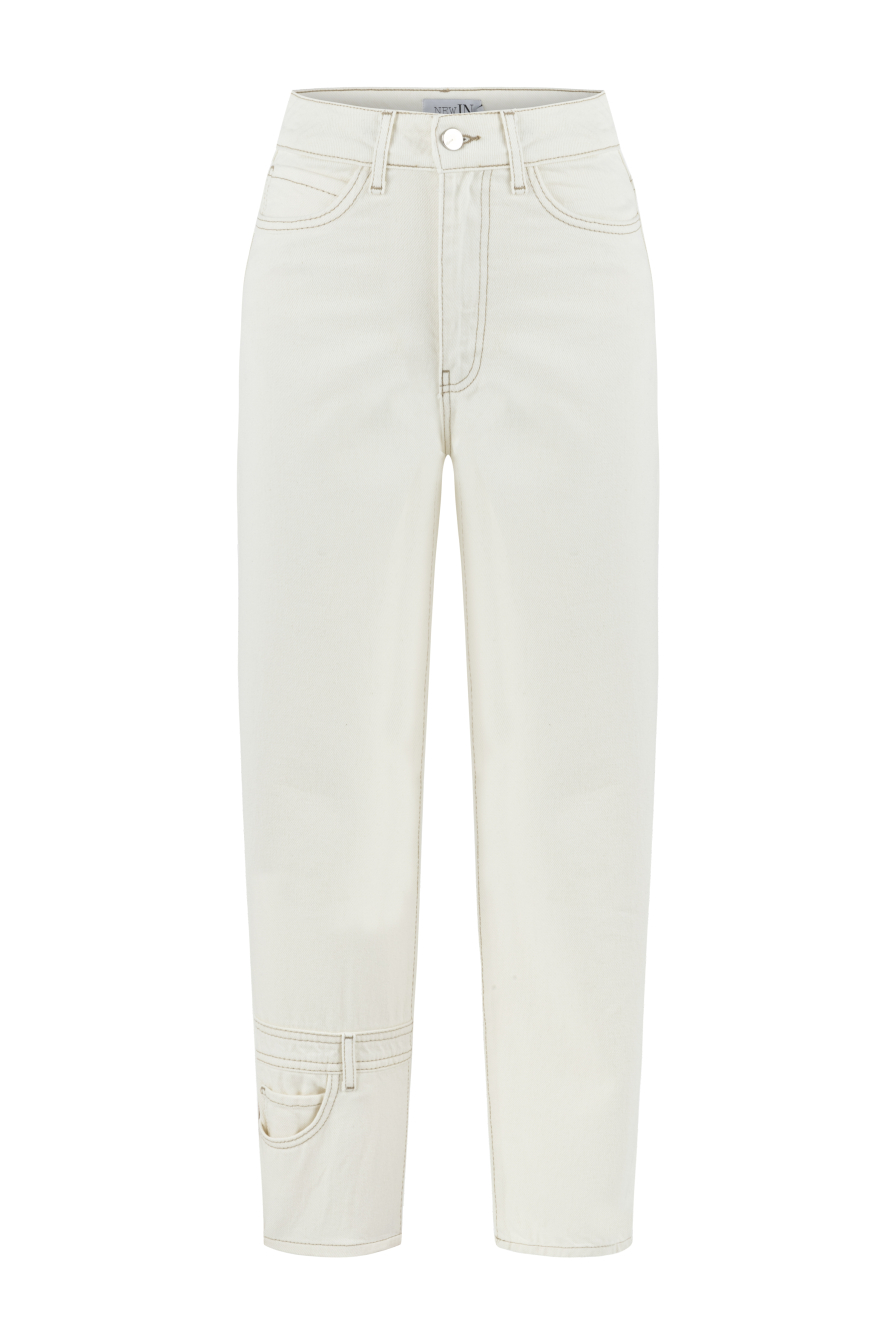Paçası Cep Detaylı  Beyaz Denim Pantolon