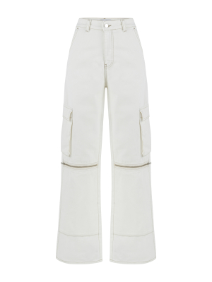 Fermuar Detaylı Beyaz Denim Pantolon