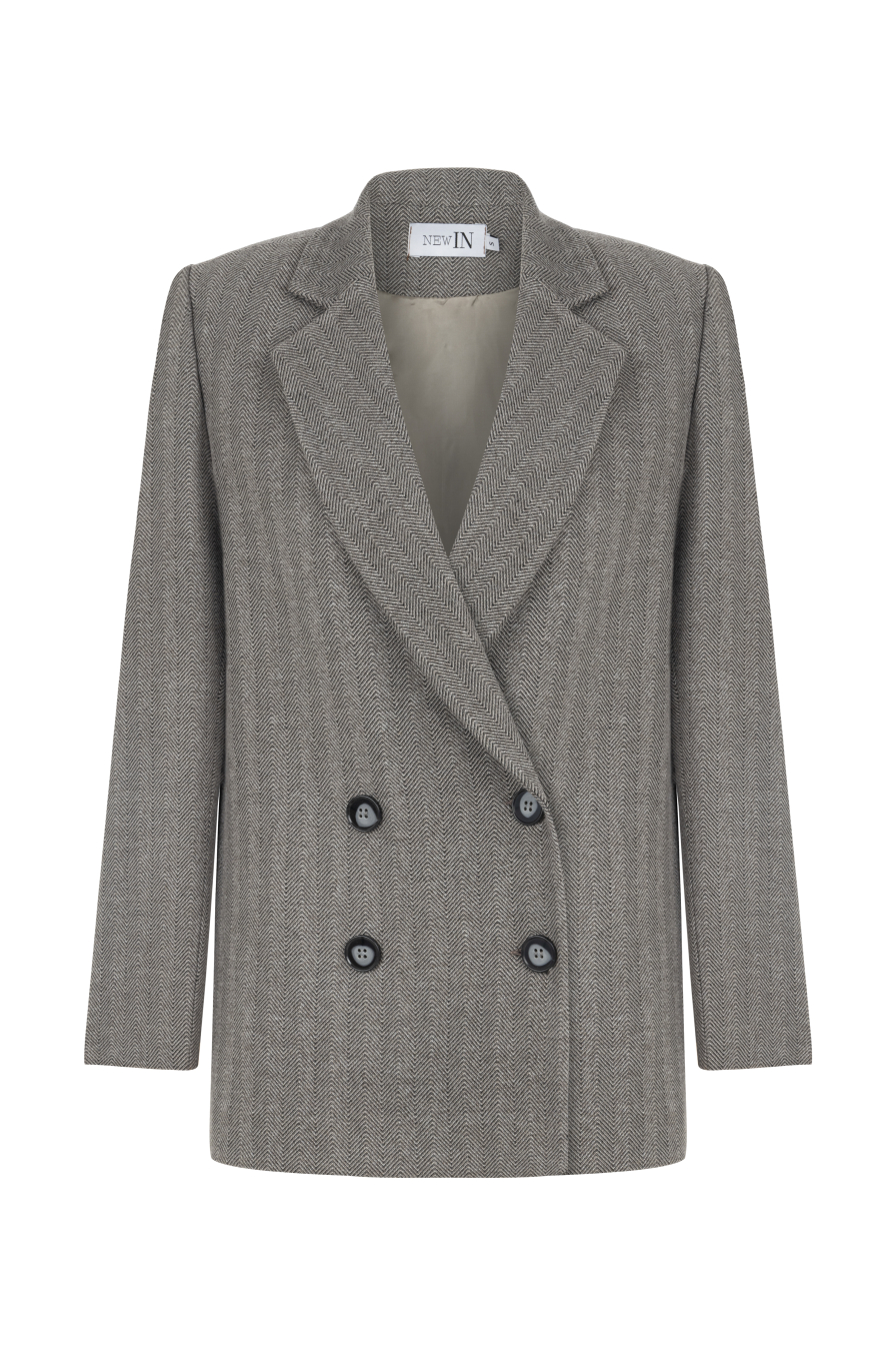 Gri Balıksırtı Desenli Boyfriend Ceket
