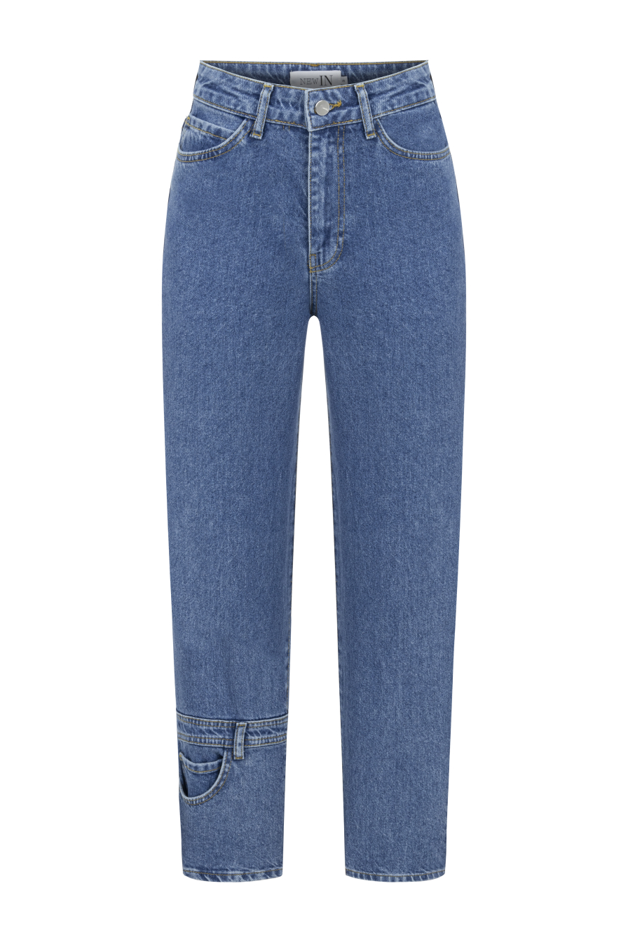 Paçası Cep Detaylı  Mavi Denim Pantolon