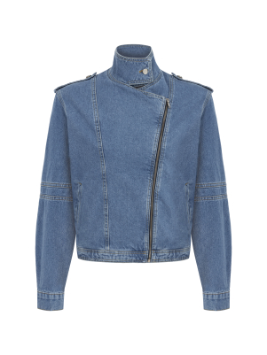 Yakalı Fermuarlı Denim Ceket