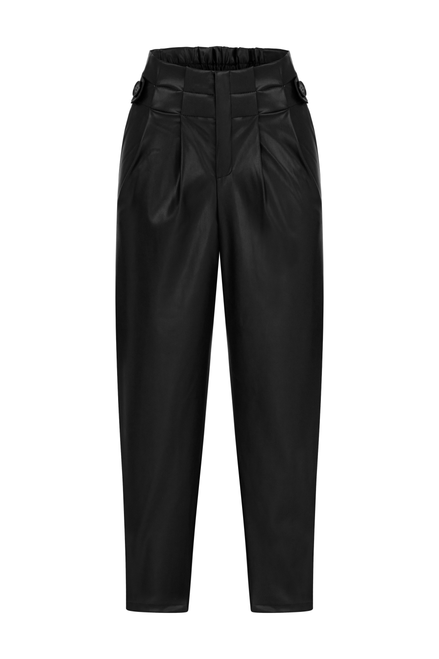 Yüksek Bel Düğme Detaylı Suni Deri Siyah Pantolon