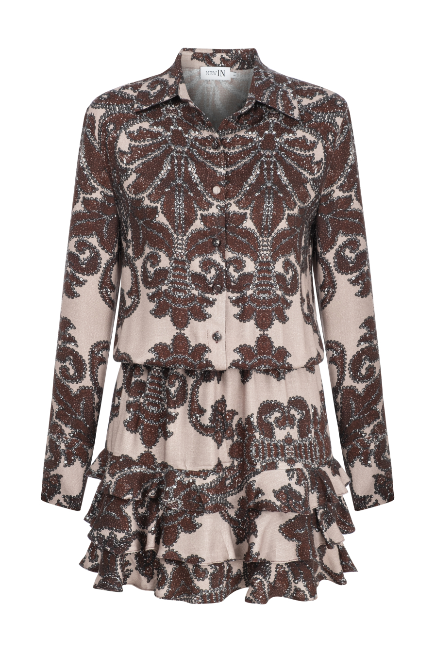 Kat Kat Fırfırlı Bordo Desenli Gömlek Elbise