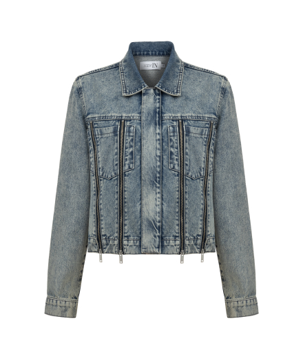 Taşlanmış Fermuar Detaylı Denim Ceket