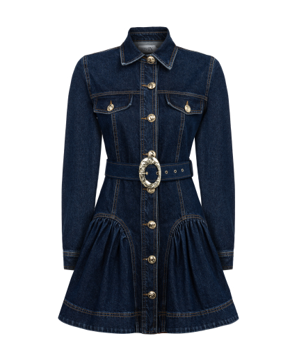 Uzun Kollu Kemerli Lacivert Denim Elbise