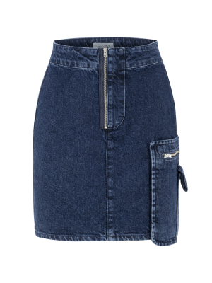 Cep Detaylı Lacivert Denim Etek