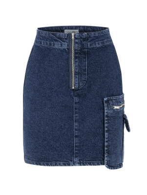 Cep Detaylı Lacivert Denim Etek