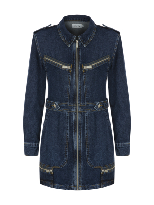 Çok Cepli Lacivert Denim Elbise