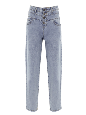 Düğme Detaylı Buz Mavisi Denim Pantolon