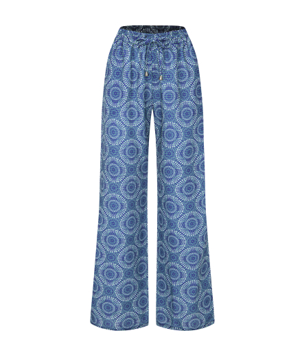 Mavi Desenli Beli Büzgülü Pantolon