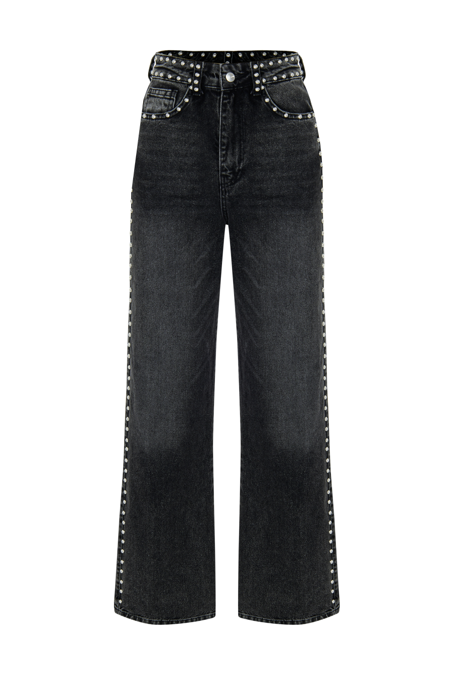 Droplu Siyah Taşlanmış Denim Pantolon