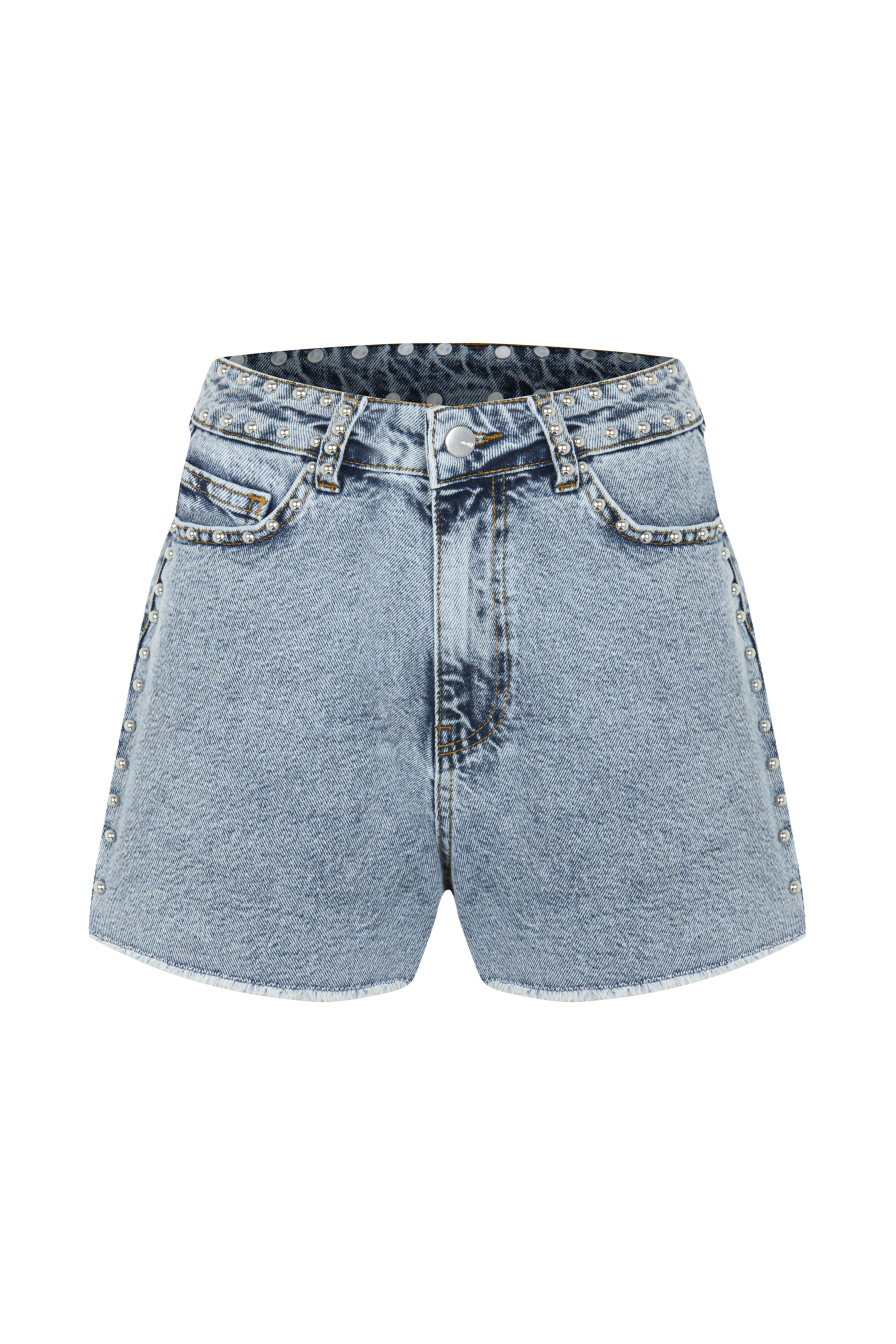 Droplu Buz Mavisi Denim Şort