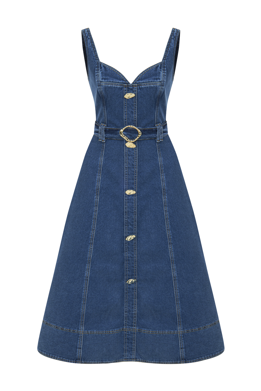 Askılı Denim Midi Elbise