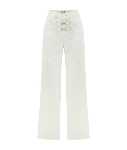 Kancalı Beyaz Denim Pantolon