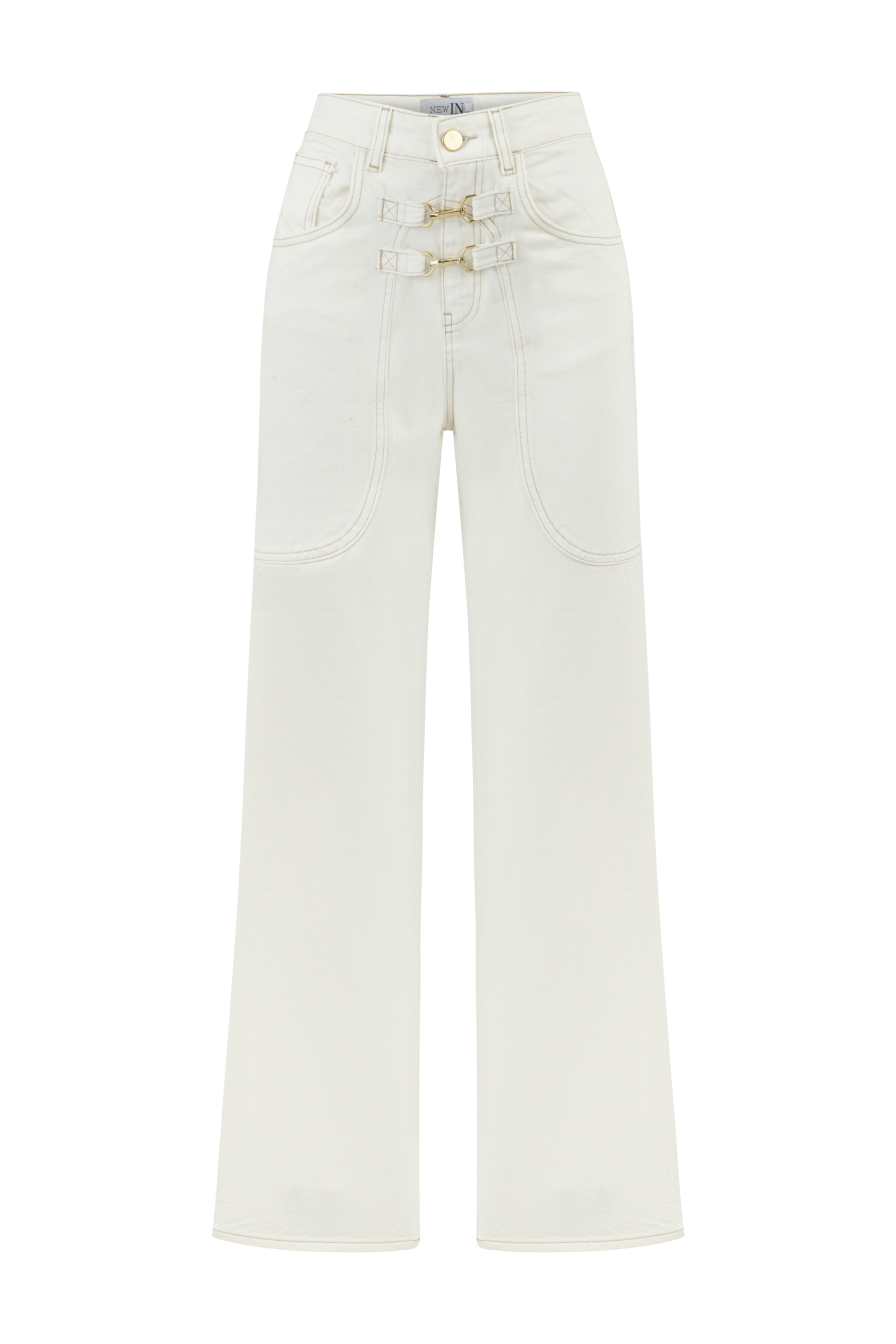 Kancalı Beyaz Denim Pantolon