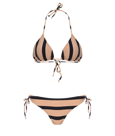 Bej Lacivert Çizgili Bikini Takım