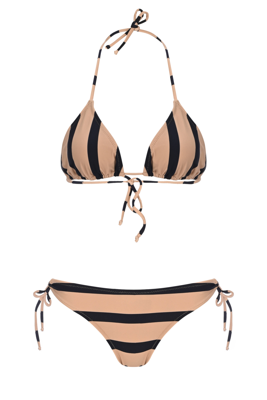 Bej Lacivert Çizgili Bikini Takım