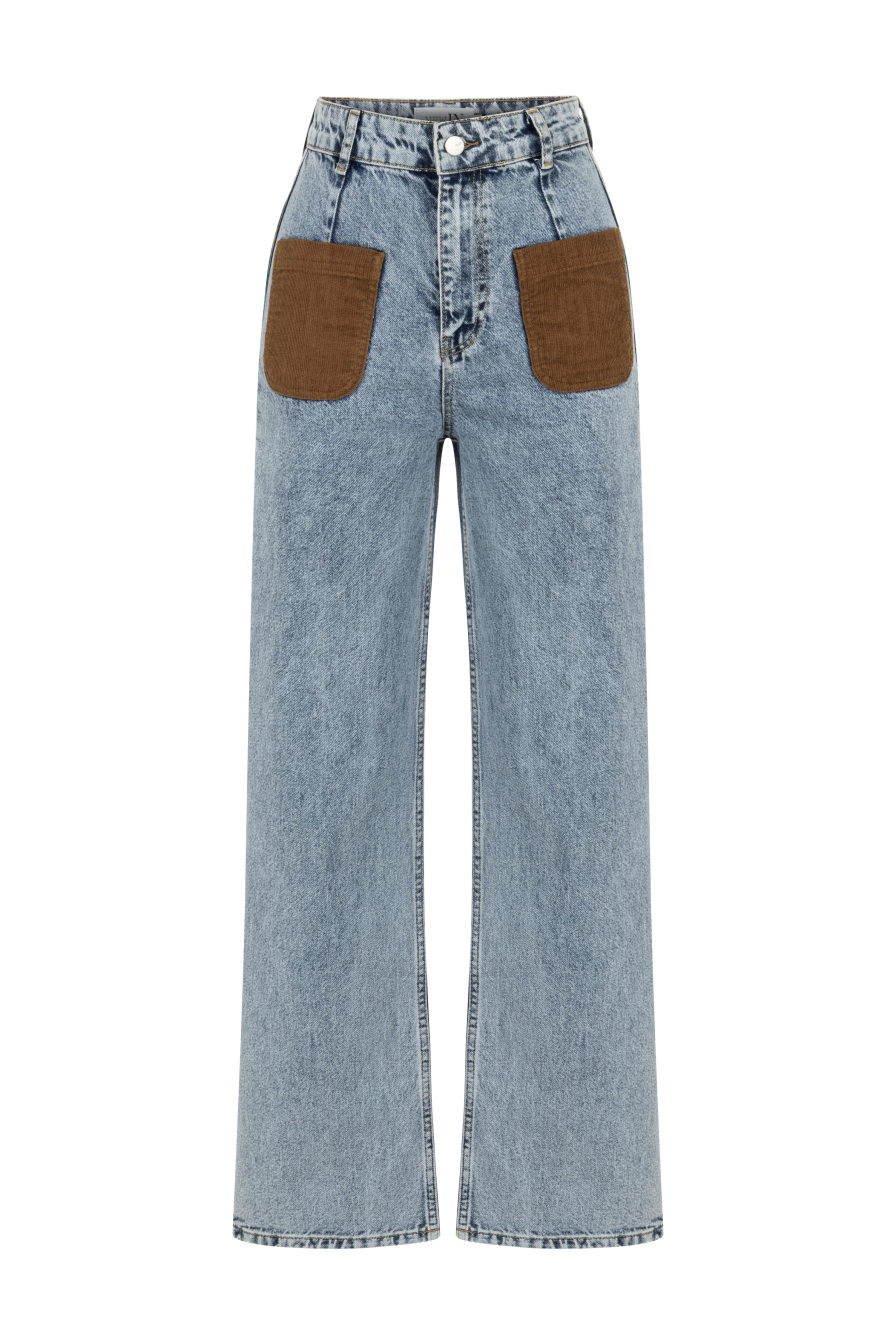 Kadife Cep Detaylı Denim Pantolon